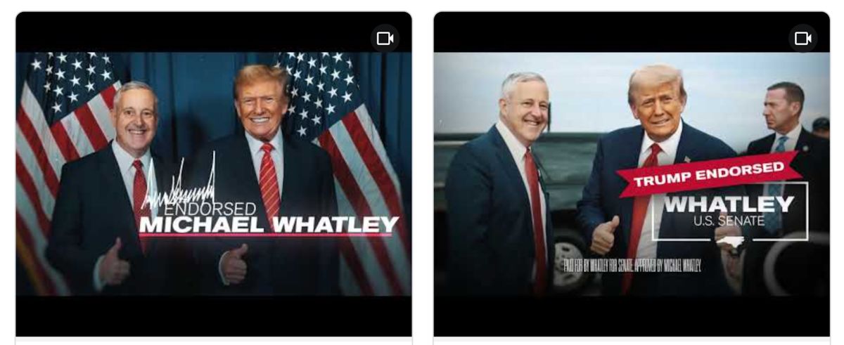 Donald Trump and Michael Whatley standing next to each other and grinning awkwardly with the words “DONALD TRUMP ENDORSED MICHAEL WHATLEY”