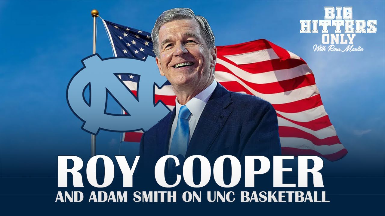 a graphic with Roy in front of an American flag and the UNC logo. Text reads, “Roy Cooper and Adam Smith on UNC basketball.”