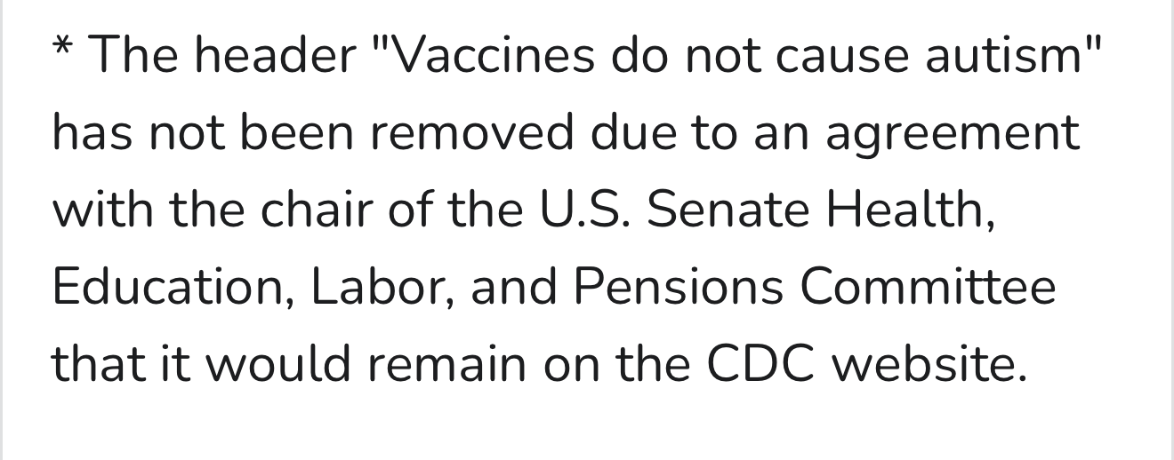 * The header “Vaccines do not cause autism” has not been removed due to an agreement with the chair of the U.S. Senate Health, Education, Labor, and Pensions Committee that it would remain on the CDC website.